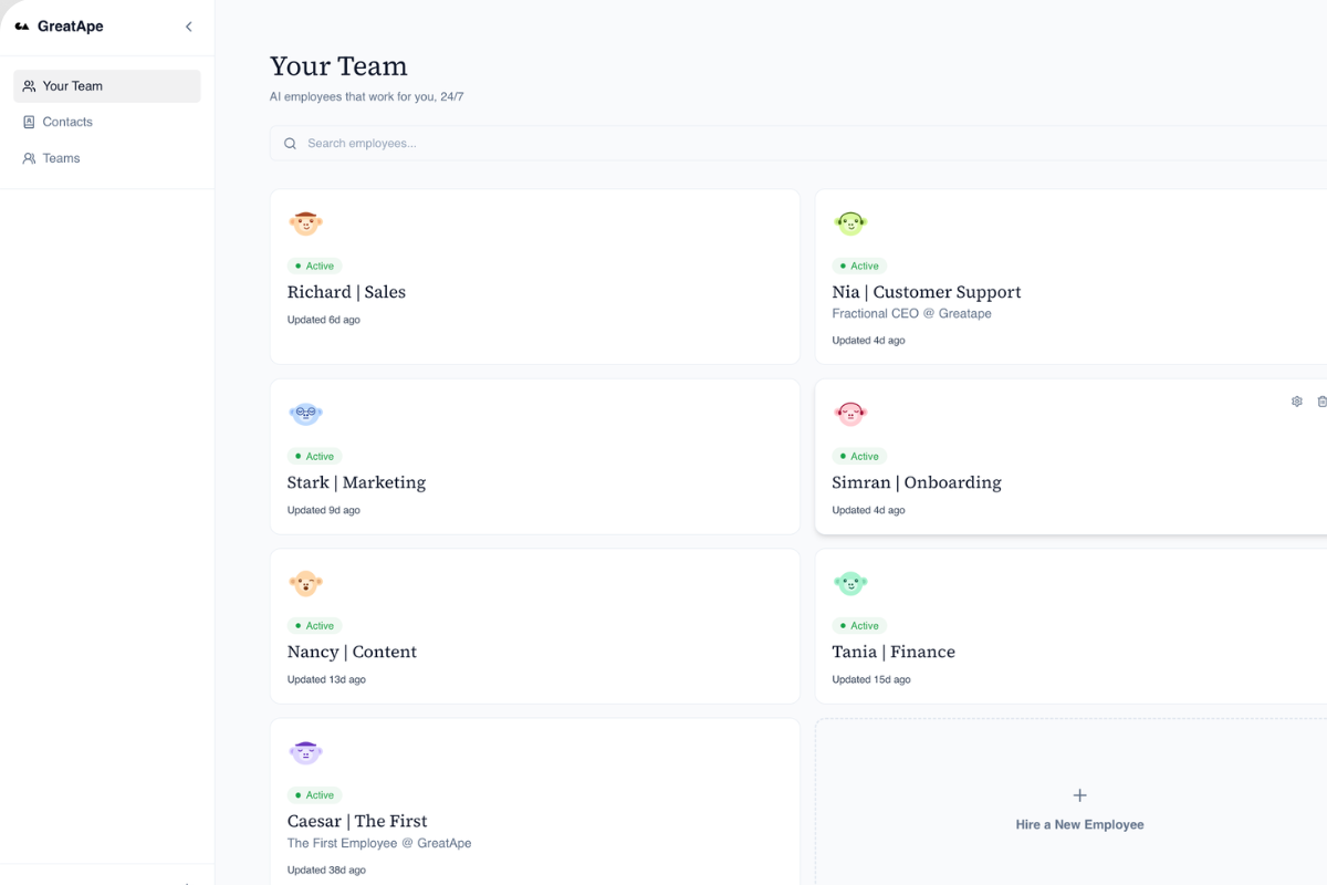 GreatApe AI employee team dashboard